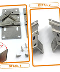 Four hidden spring cabinet hinges; silver drop-leaf supports with mounting plates and screws; installed brackets.