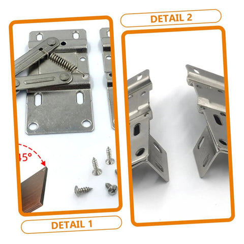 Four hidden spring cabinet hinges; silver drop-leaf supports with mounting plates and screws; installed brackets.