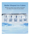 Portable Countertop Ice Maker With No Sweat Self Cleaning Generates Nine Gentle On Teeth Cubes In Just Six Minutes showing bullet shaped ice cubes.