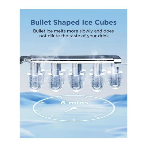 Portable Countertop Ice Maker With No Sweat Self Cleaning Generates Nine Gentle On Teeth Cubes In Just Six Minutes showing bullet shaped ice cubes.