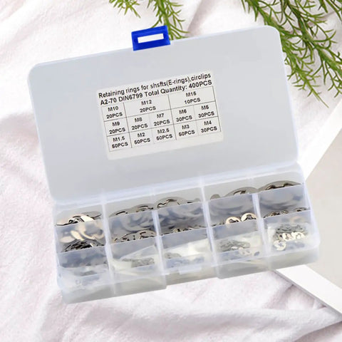 All-In-One Snap Ring Retaining Ring Kit Stainless Steel E-Shaped 400pcs M1.5 To M15 in a transparent storage case