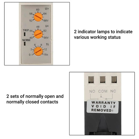 Voltage Monitoring Relay For Single Phase Systems With Adjustable Over Voltage And Under Voltage Protection, 35mm DIN Rail Mount, DC 48V, indicator lights