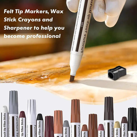 No Sweat Wood Repair Kit Featuring Sleek Touch Up Markers Plus Quality Wax Sticks For Quick Floor And Furniture Fixes In Assorted Rich Wood Tones For A Smooth Knockout Transformation showcasing felt tip markers and wax sticks laid out.