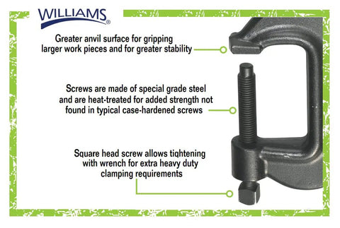 Heavy Duty C Clamp With 4 21/32 Inch Opening For Metal Fab And Woodworking Built To Last 2 7/8 Inch Throat Depth shown with labels