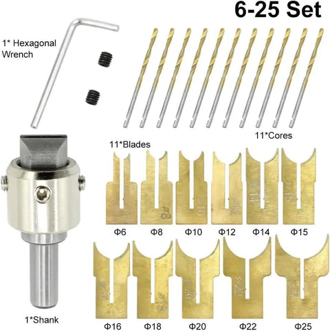 Wood Bead Maker Drill Bit Set 24 Piece 6 To 25 Mm Ball Cutter Kit including blades, cores, shank, and hexagonal wrench.