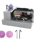 Top Shelf Lawnmower Blade Sharpener With 7 And 9 Inch Ceramic Grinding Discs adjustable steel mounts and 60 grit sandpaper pads.