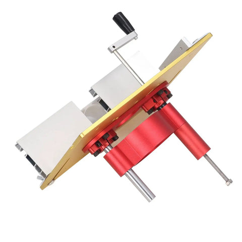 Shop Tough Router Lift Kit With Effortless Manual Crank And Sturdy Steel Guides, Aluminum Alloy Table Insert Base, top view of red and gold router lift assembly