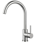 Lead Free Stainless Steel Kitchen Faucet With Brushed Nickel Single Handle High Arc That Swivels 360 Degrees For Heavy Duty Household Tasks Runs Buttery Smooth Thanks To Premium Ceramic Cartridge Built Tough As Nails detail view of the faucet spout and handle.