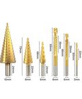 Heavy Duty Titanium Step Drill Bit Kit With 6 Sizes For Metal Woodworking Includes Precision Multi Size Hole Cutter Set Perfect For Core Milling And Clean Drilling Tasks Every Time. Six gold step drill bits with size labels