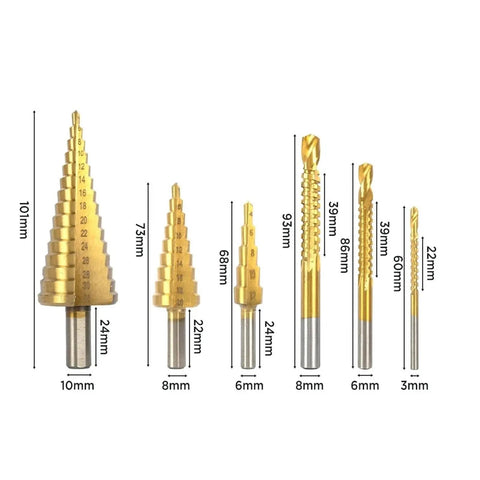 Heavy Duty Titanium Step Drill Bit Kit With 6 Sizes For Metal Woodworking Includes Precision Multi Size Hole Cutter Set Perfect For Core Milling And Clean Drilling Tasks Every Time. Six gold step drill bits with size labels