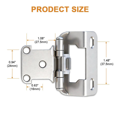 Heavy Duty Self Closing Cabinet Hinges Twenty Five Pairs Brushed Nickel Face Mount size measurements shown