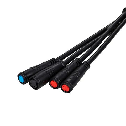 Universal Ebike 1T4 Connector Extend Cable For Electric Bike Wiring Harness Throttle Brake Controller Display Connector 24V 36V 48V 52V 72V Systems Easy Install And Reliable Link Kit closeup. Black cables with colored connectors on white background.