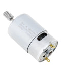 Beefed Up 24V 40000 RPM High Speed DC Motor With Fine 10 Teeth Gear Upgrade For Ride On Cars And Remote Control SUVs Powerful Electric Motor Replacement For Fast Hobby Rigs. Side view of a metallic motor showing gear teeth.
