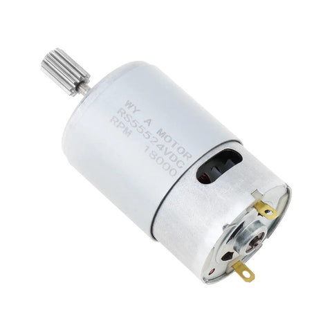 Beefed Up 24V 40000 RPM High Speed DC Motor With Fine 10 Teeth Gear Upgrade For Ride On Cars And Remote Control SUVs Powerful Electric Motor Replacement For Fast Hobby Rigs. Side view of a metallic motor showing gear teeth.