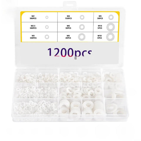 Must Have Plastic Washers Set With 1200 Pcs Nylon Insulating Spacers M2 To M10 White Gasket Kit For Electrical Wiring Repairs And DIY Projects Perfect For Home DIYers Hobbyists And Pro Electricians To Prevent Shorts, assortment box