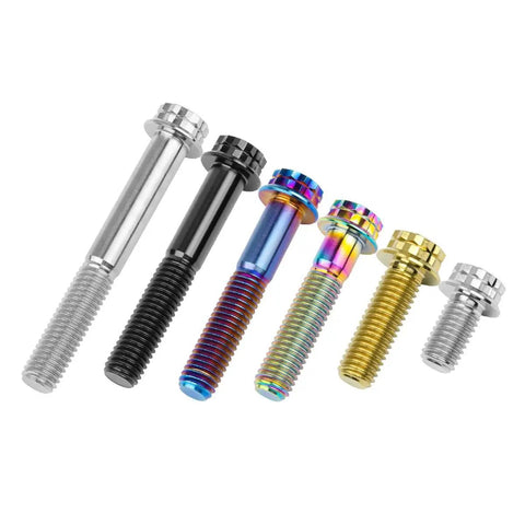 Premium Titanium Flange Bolts Torx Drive M10 X 60mm Motorcycle Hardware assorted colors and sizes for custom bike mods.