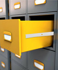Heavy Duty Steel Drawer Slides Workhorse for kitchen cabinets shown with yellow drawer open, bottom mount track visible