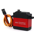 Built Tough 40Kg RC Servo With Heavy Duty Metal Gears And A Lightning Fast Coreless Motor For Rock Solid Handling In Custom RC Cars Plug And Play 180 Or 360 Degree Spinning Upgrade Gear, showing red body and wiring.