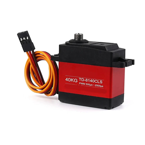 Built Tough 40Kg RC Servo With Heavy Duty Metal Gears And A Lightning Fast Coreless Motor For Rock Solid Handling In Custom RC Cars Plug And Play 180 Or 360 Degree Spinning Upgrade Gear, showing red body and wiring.