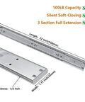 Heavy Duty Soft Close Drawer Slides 22 Inch Pair, zinc steel, 100lb capacity, features hydraulic dampers for silent operation.