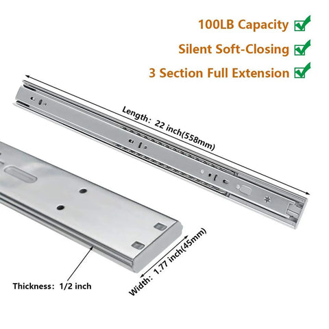 Heavy Duty Soft Close Drawer Slides 22 Inch Pair, zinc steel, 100lb capacity, features hydraulic dampers for silent operation.