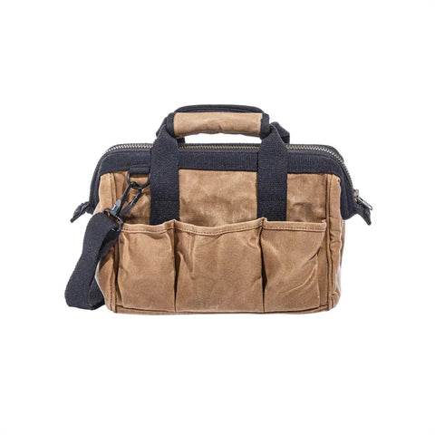 Heavy Duty Waxed Canvas Tool Bag With 11 Pockets, Tan Contractor Gear Organizer, Built To Last On The Jobsite, front view