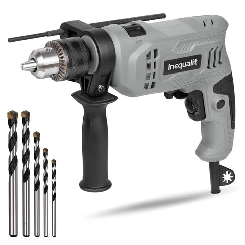 Corded Hammer Drill With 3000 RPM And 4.5 Amp Motor, Half Inch Keyed Metal Chuck, 5-Piece Bit Set, 360 Degree Rotating Handle