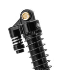 Close-up of Beefed Up Brass And Aluminum 59mm Long Threaded Oil Shock for TRX4M RC Car Upgrade with CNC Machined Shock Bodies.