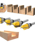 Heavy Duty 4 Piece Door Hinge Router Bit Set With One Quarter Inch Shank For Crisp Flush Trimming And Bottom Cleaning Slick Carbide Blades.