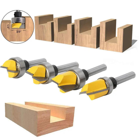Heavy Duty 4 Piece Door Hinge Router Bit Set With One Quarter Inch Shank For Crisp Flush Trimming And Bottom Cleaning Slick Carbide Blades.
