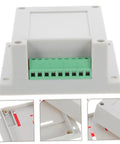 Front and side views of Tough Yet Compact Weatherproof Junction Box For Industrial Use With Easy Install ABS Plastic Power Supply Enclosure.