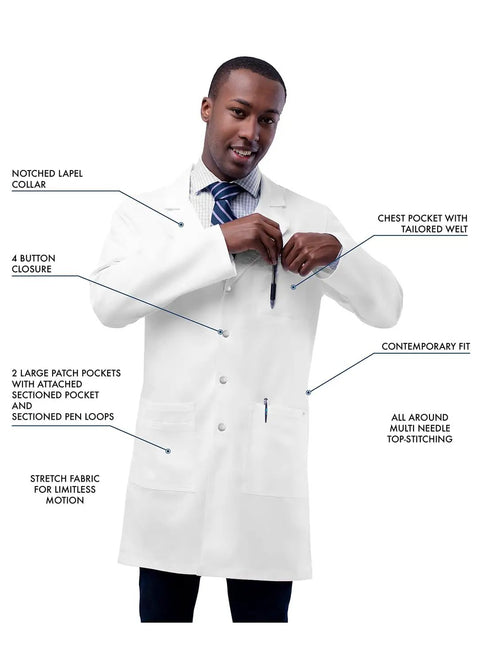 Universal Stretch Unisex Lab Coat 36 Inch Snap Front White Medical Coat For Doctors Nurses Students And Hospital Professionals, Flexible Durable Fabric, All Day Comfort, Classic Pro Scrubs Alternative Size Large, shown with details including notched lapel collar and chest pocket.