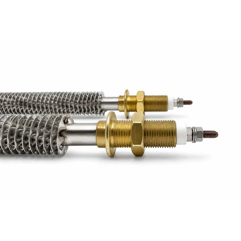 Close-up of Jieo U Shaped Finned Tubular Heater, 240V 1500W, 10Mm X 450Mm Tube Diameter featuring metal fins and brass fittings.