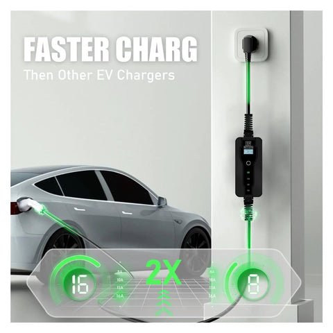 Heavy Duty Portable EV Charger With A Hella Durable IP67 Waterproof Build And Top Notch Safety Guards For Super Smooth 16 Amp Type 2 To Type 1 SAE J1772 EVSE Charging On Any Road Trip mounted on a wall, charging an electric vehicle.