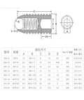 Detailed diagram of Rock Solid 304 Stainless Steel Hex Socket Spring Ball Plunger Set Screws with sizes M3 M4 M5 M6 M8.