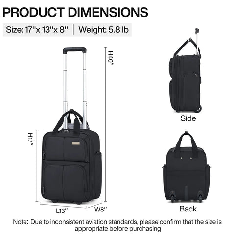 Hanke 16-Inch underseat carry-on luggage with wheels, black; front, side, and back views.