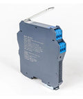 Side view of HD-5044 dual-input, dual-output 4-20mA isolator module; gray enclosure with blue terminal blocks.