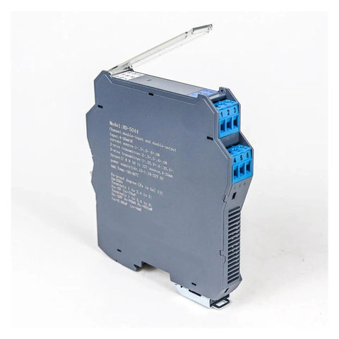 Side view of HD-5044 dual-input, dual-output 4-20mA isolator module; gray enclosure with blue terminal blocks.