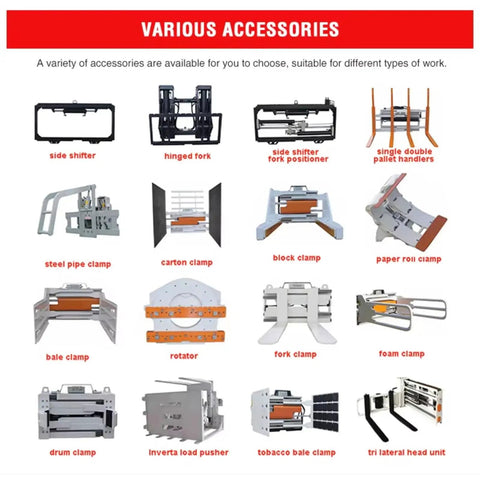 Various accessories for Four Wheel Electric Forklift Battery Powered Material Handler Heavy Duty Workhorse for diverse tasks.