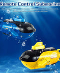 Mini RC Submarine Toy With 4 Channel Remote Control For Forward Dive Backward Surfacing Left Turn Right Turn Yellow Durable Plastic Water Activated Submarine For Poolside Play And Tub Fun, shown underwater with blue variant