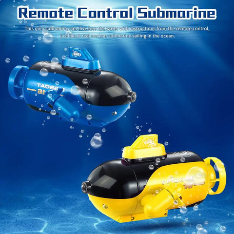 Mini RC Submarine Toy With 4 Channel Remote Control For Forward Dive Backward Surfacing Left Turn Right Turn Yellow Durable Plastic Water Activated Submarine For Poolside Play And Tub Fun, shown underwater with blue variant