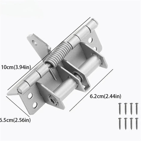 Single Piece Automatic Self Closing Door Hinge With Precise Positioning For 90 Degree Openings Integrated Spring Hinge Closer And Stopper In Gold Finish Ultimate Door Hardware For Home And Office, silver variant with dimensions shown