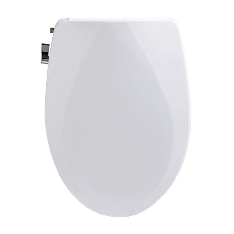 Elongated Non Electric Bidet Seat With Dual Nozzles, Ultra Low Profile, sleek white toilet seat with brass fittings visible