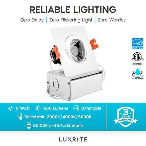 Square Recessed LED Light Kit 3 Inch Adjustable Gimbal Downlights 4 Pack 3000K 4000K 5000K Color Options Dimmable Canless IC Rated Damp Rated With Junction Box 8W Equivalent 50W Dope Home Upgrade