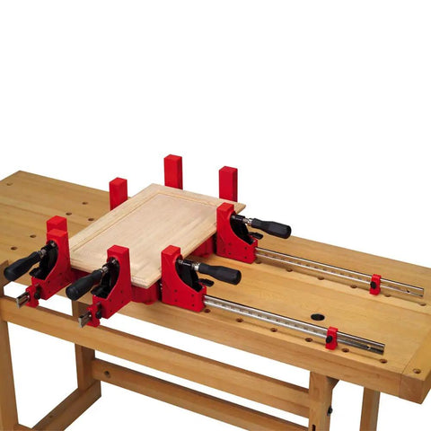 24-Inch Parallel Clamp Set, 2-Pack holding a wooden board on a workbench, showcasing ergonomic Sumogrip handle and precision measurement system.