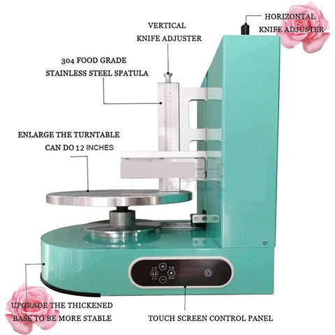 Automatic Cake Decorating Machine Buttercream Spreader with adjustable knife and touch screen for 4 to 12 inch cakes.