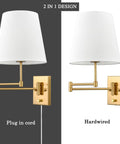 Gold Swing Arm Wall Lamp With Brass Finish And Linen Shade Two Pack Plug In Or Hardwired For Bedroom Bedside Reading Light