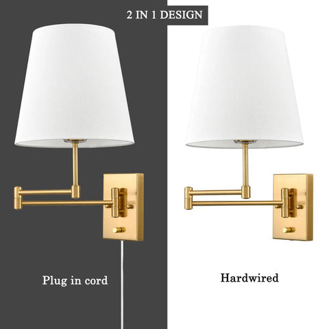 Gold Swing Arm Wall Lamp With Brass Finish And Linen Shade Two Pack Plug In Or Hardwired For Bedroom Bedside Reading Light