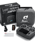 Jumper T15 2.4GHz ELRS 1W Transmitter With VS-M Hall Sensor, screen guard, and accessories, including carrying case and box.