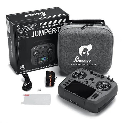 Jumper T15 2.4GHz ELRS 1W Transmitter With VS-M Hall Sensor, screen guard, and accessories, including carrying case and box.